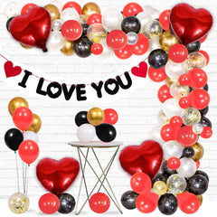 PartyCorp Valentines, Anniversary, Heart Decoration Kit Combo 108 Pcs - Gold Chrome, Red, Black, White Latex & Gold Confetti Balloons, Red Heart Foil, I Love You Letter Banner