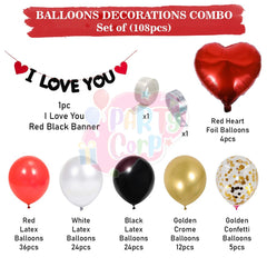 PartyCorp Valentines, Anniversary, Heart Decoration Kit Combo 108 Pcs - Gold Chrome, Red, Black, White Latex & Gold Confetti Balloons, Red Heart Foil, I Love You Letter Banner