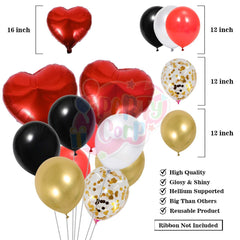PartyCorp Valentines, Anniversary, Heart Decoration Kit Combo 108 Pcs - Gold Chrome, Red, Black, White Latex & Gold Confetti Balloons, Red Heart Foil, I Love You Letter Banner