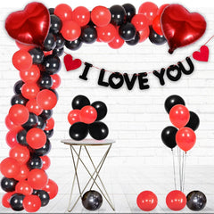 PartyCorp Valentines, Anniversary, Heart Decoration Kit Combo 77 Pcs -Red & Black Latex Balloon, Red Heart Foil, I Love You Banner