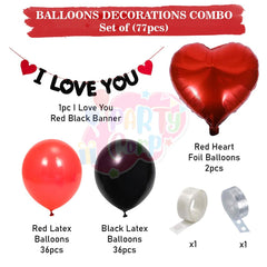 PartyCorp Valentines, Anniversary, Heart Decoration Kit Combo 77 Pcs -Red & Black Latex Balloon, Red Heart Foil, I Love You Banner