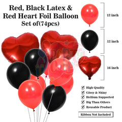 PartyCorp Valentines, Anniversary, Heart Decoration Kit Combo 77 Pcs -Red & Black Latex Balloon, Red Heart Foil, I Love You Banner