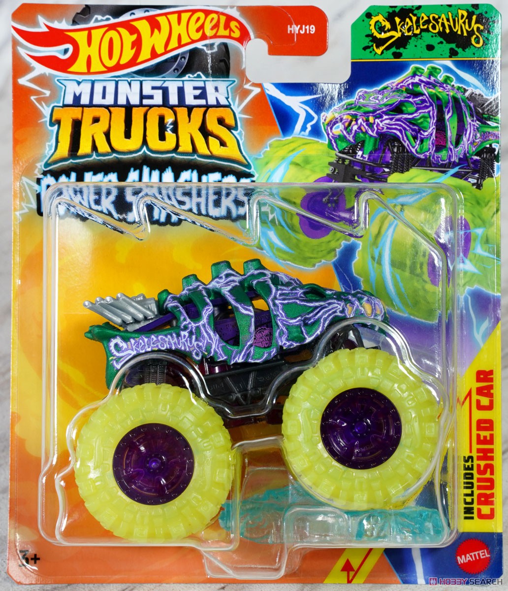 Hot Wheels Monster Trucks Power Smashers 1:64 Scale die cast Skelsaurus, Includes Crushed Car for Ages 3 Years & Up