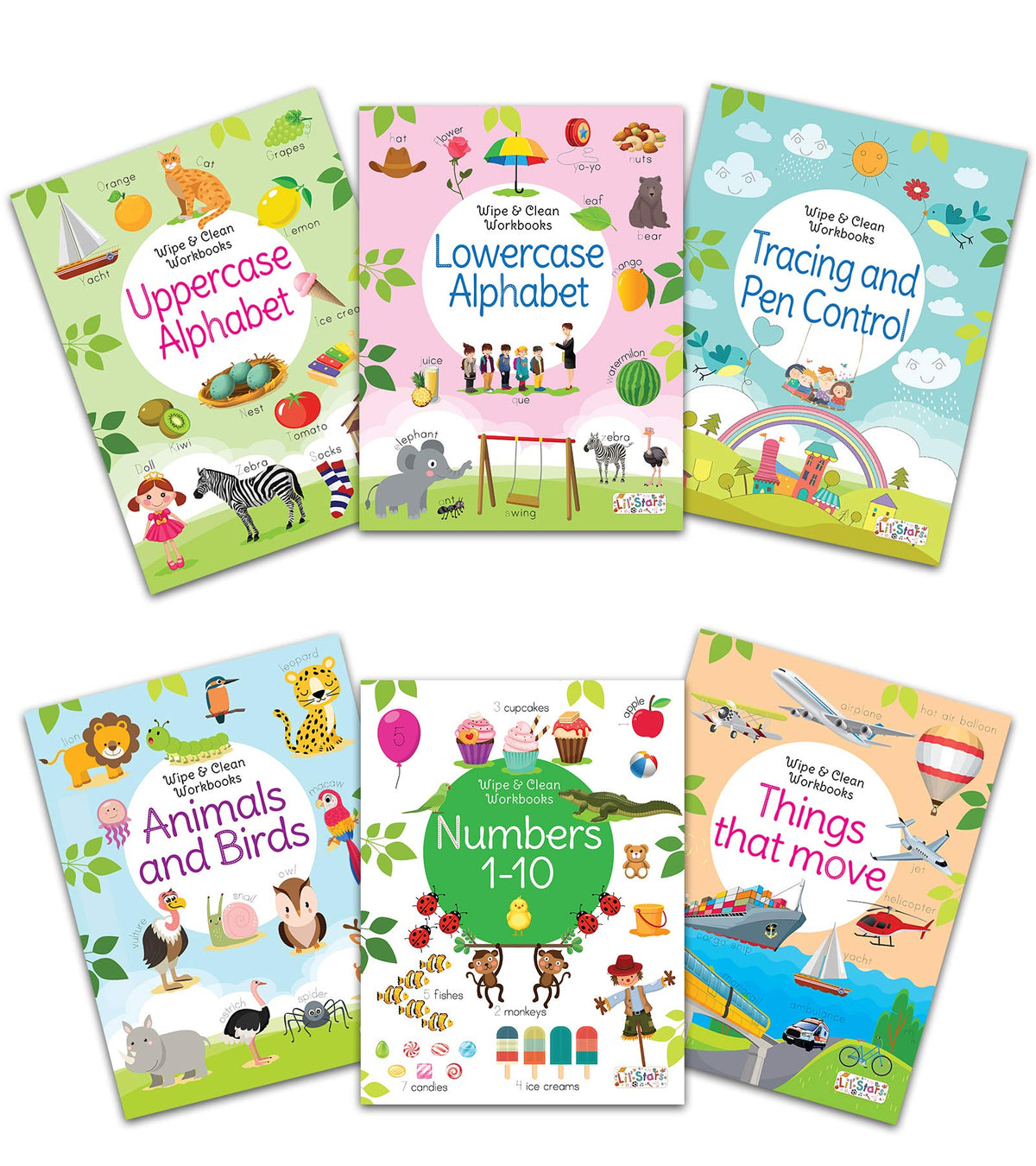 Pegasus Reusable Washable Wipe & Clean Books with Free Pens Set of 6 for Kids (Animal & Birds, Lowercase Alphabet, Numbers 1-10, Things that Move, Tracing & Pen Control and Uppercase Alphabet)