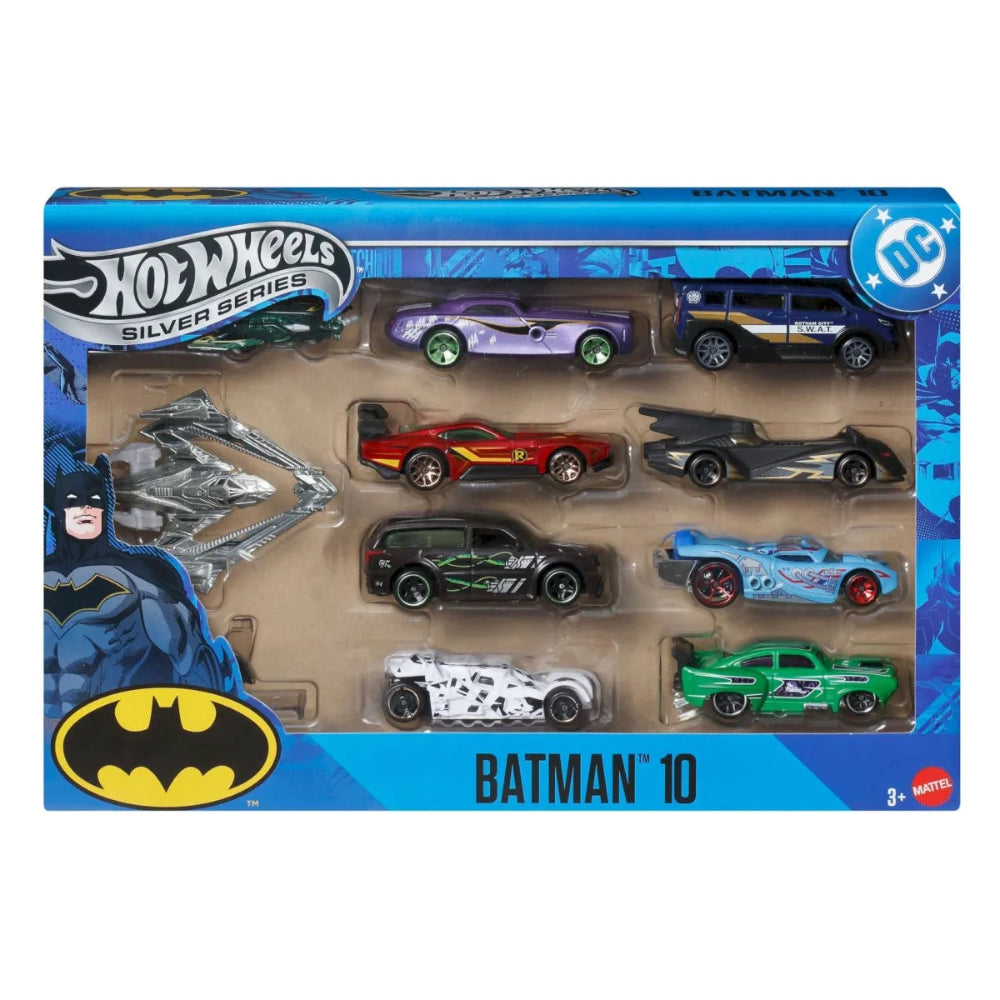 Hot Wheels Silver Series Batman Themed 10-Pack Die-Cast Vehicles Set Including a Batmobile & a Batplane in 1:64 Scale for Kids & Collectors (Styles May Vary)