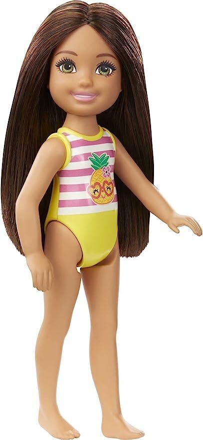 Barbie Chelsea Small Doll With Beach Swimsuit, Stripes &amp; Pineapple,Brunette Hair &amp; Green Eyes For Kids Ages 3+