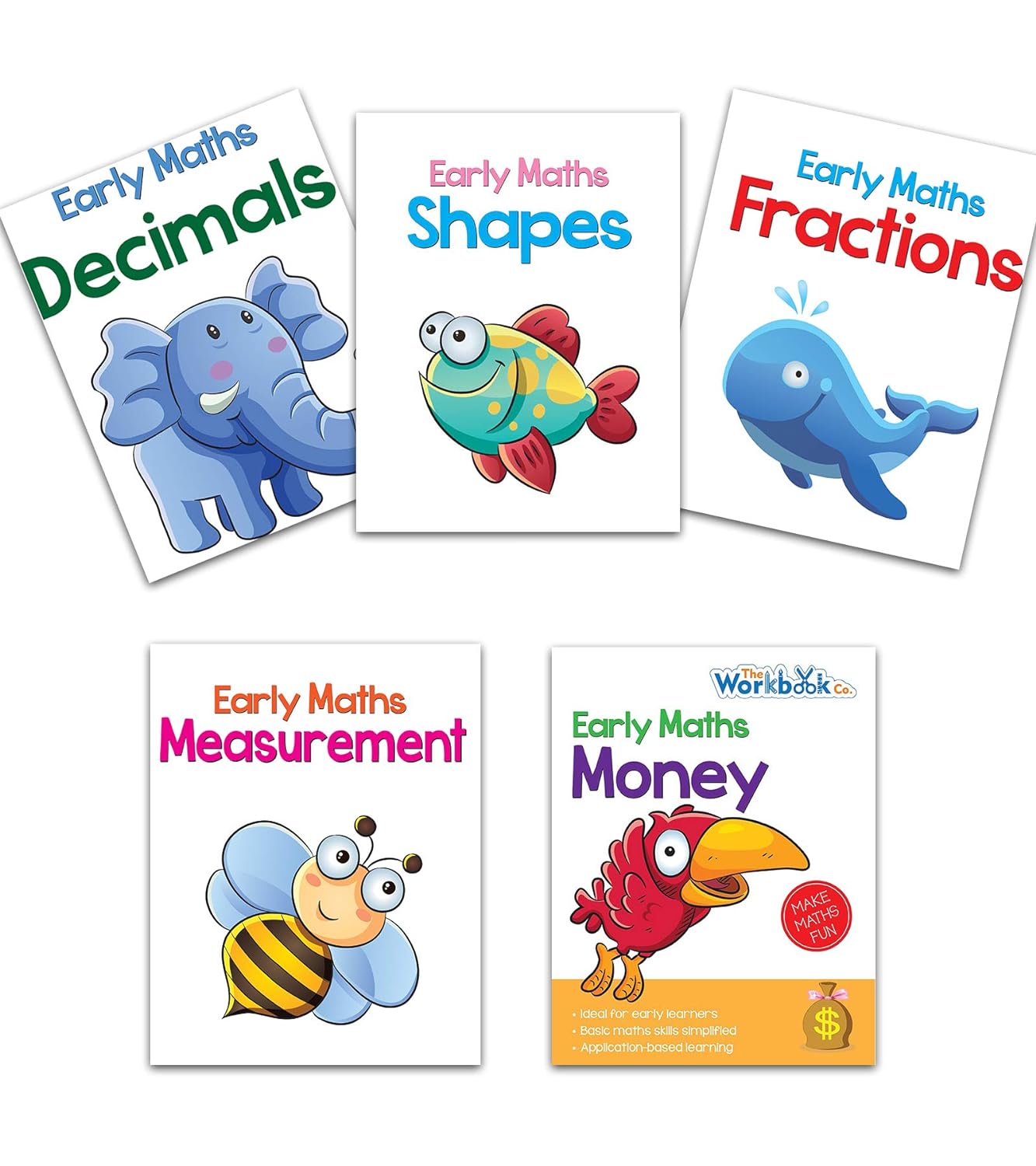 Pegasus Set of 5 Early Maths Learning Books covering Decimals, Fractions, Measuring, Money & Shapes