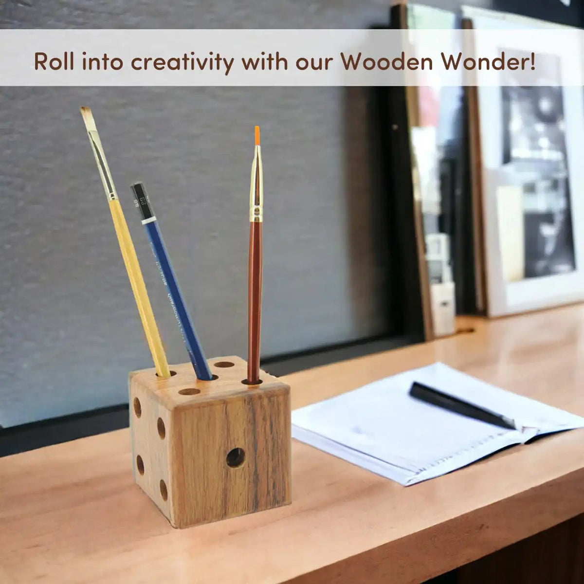 Mittimate Wooden Pen, Pencil Holder for Kids I Dice Shaped I Decorative Pen Stand for Home and Office Table