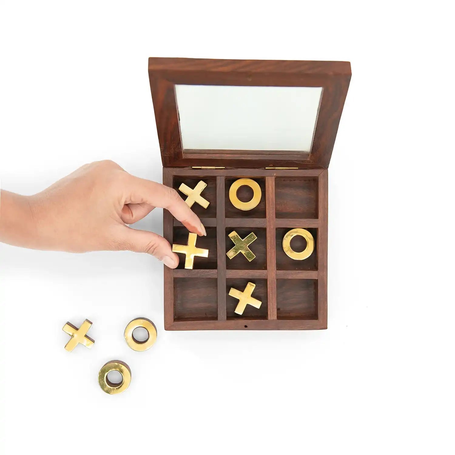 Mittimate Wooden X & O Brain Teaser Game with Lid – Interactive 2-Player Board Game for Kids (6+) | Fun Indoor & Outdoor Play