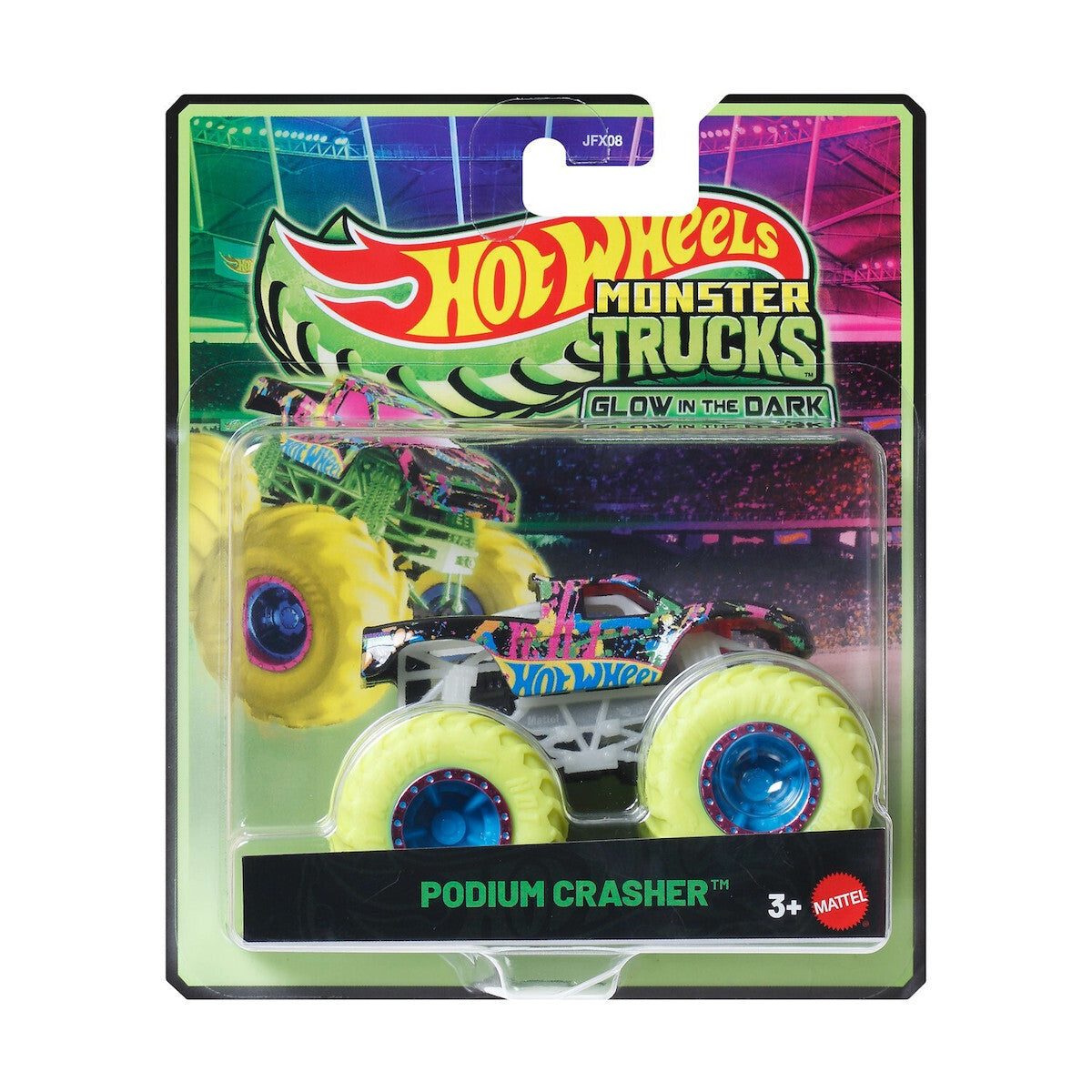 Hot Wheels 1:64 Scale Monster Trucks Glow-in-the-Dark Podium Crasher Toy Truck for Ages 3+