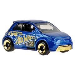 Hot Wheels 58th Anniversary Pearl & Chrome 2026 Blue-Gold Fiat 500E Diecast Car
