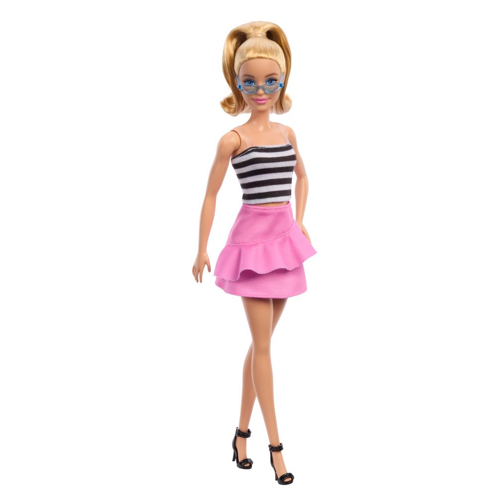 Barbie Fashionistas 65th Anniversary Doll #213 with Blonde Hair Wears Striped Top, Pink Skirt &amp; Sunglasses for Ages 3 Years &amp; Up