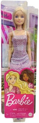 Barbie Blonde Hair Doll Wearing Lavender Metallic Mini Dress for Kids Ages 3+