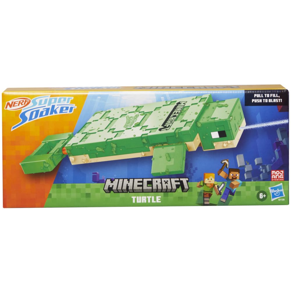 Nerf Super Soaker Minecraft Turtle Water Blaster, Pull Back Plunger Handle, Easy to Use, Outdoor Water Toys, Minecraft Toys, Gifts for Kids - Pichkari, Branded Toy Pichkari for Holi Festival, Kids 6+