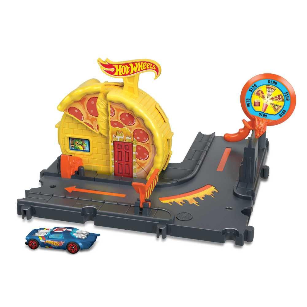 Hot Wheels City Track Set with 1 Toy Car, Pizza-Themed Playset with Car-Activated Features