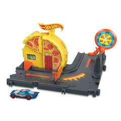 Hot Wheels City Track Set with 1 Toy Car, Pizza-Themed Playset with Car-Activated Features