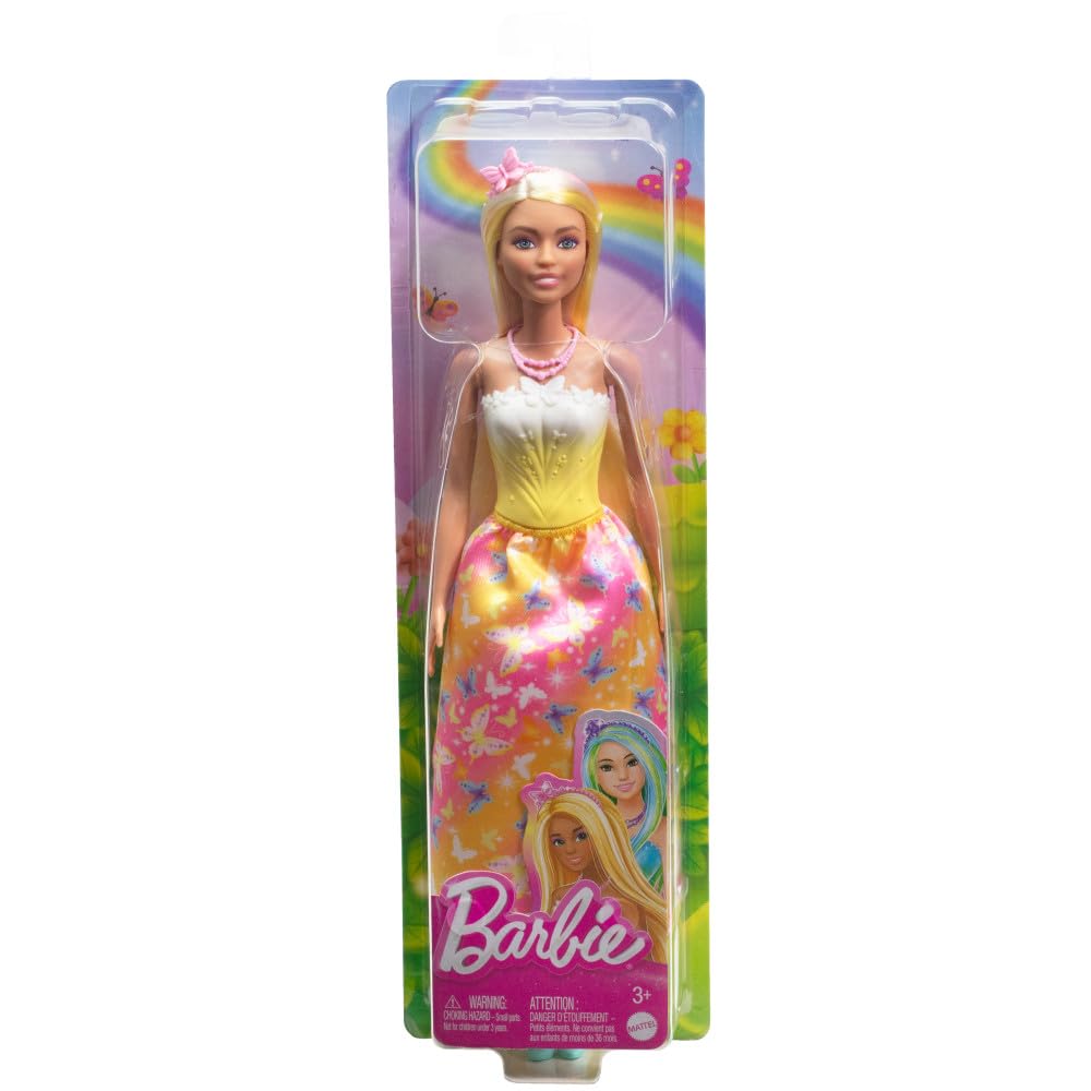 Barbie Royal Doll with Brightly Highlighted Fantasy Hair, Colorful Accessories, Yellow Ombre Bodice and Butterfly-Print Skirt