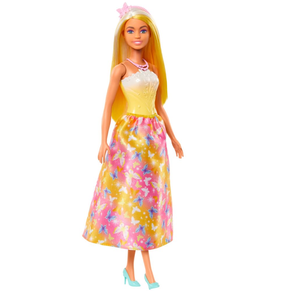 Barbie Royal Doll with Brightly Highlighted Fantasy Hair, Colorful Accessories, Yellow Ombre Bodice and Butterfly-Print Skirt