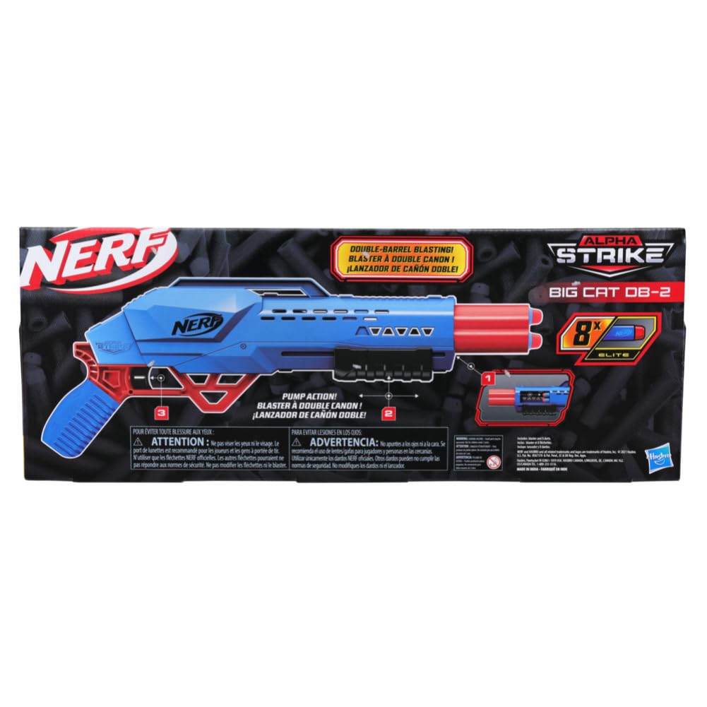 Nerf Alpha Strike Big Cat Db-2 Blaster,Double-Barrel Blasting, Fires 2 Darts in A Row,Includes 8 Official Nerf Elite Darts,Multicolor