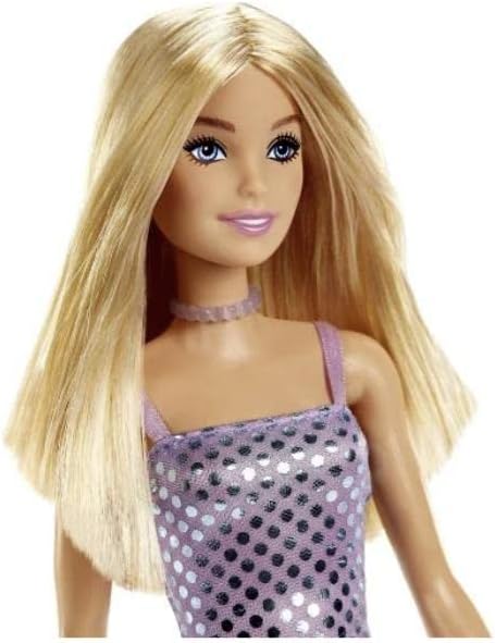 Barbie Blonde Hair Doll Wearing Lavender Metallic Mini Dress for Kids Ages 3+