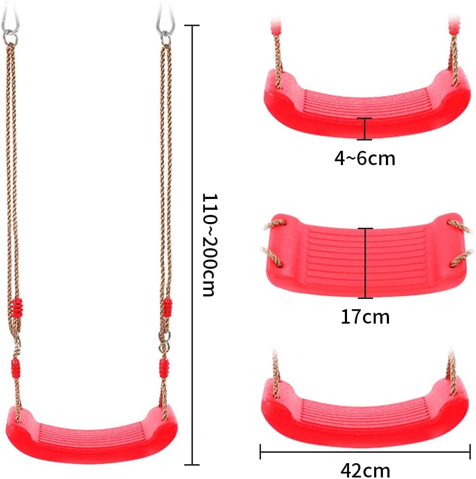 REZNOR Plastic Swing Seat with Hight Adjustable Strong Rope Tree Swing For 3-12 Years Kids Children, Red