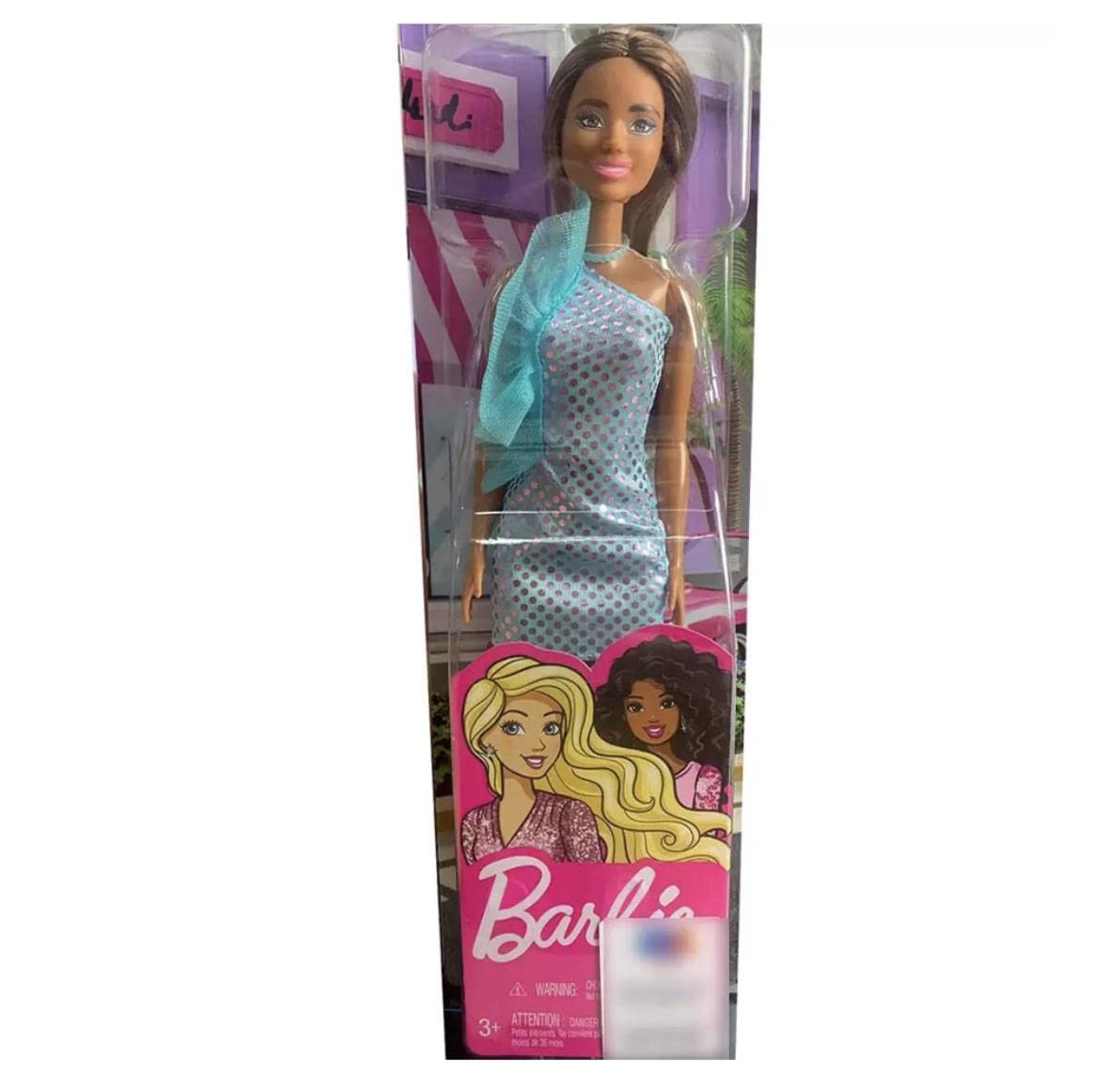 Barbie Brunette Hair Doll Wearing Teal Metallic Dress for Kids Ages 3+