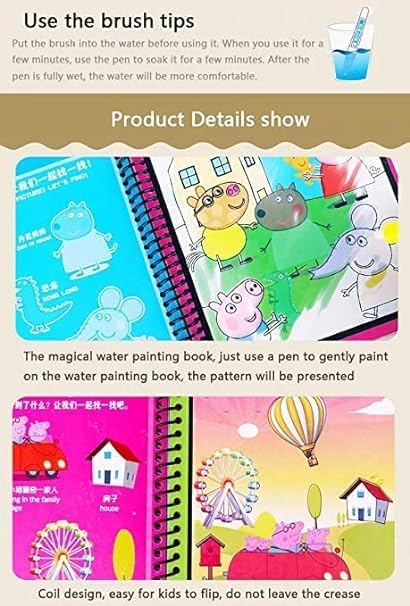 REZNOR Quick Dry Re-Usable Magic Coloring Water Book with Magic Pen (Random Design), Pack of 6