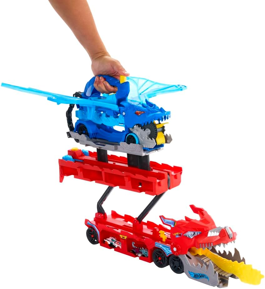 Hot Wheels City Ultimate Double Dragon Transporter Track Set Including Two Diecast Cars for Kids Ages 4 Years & Up