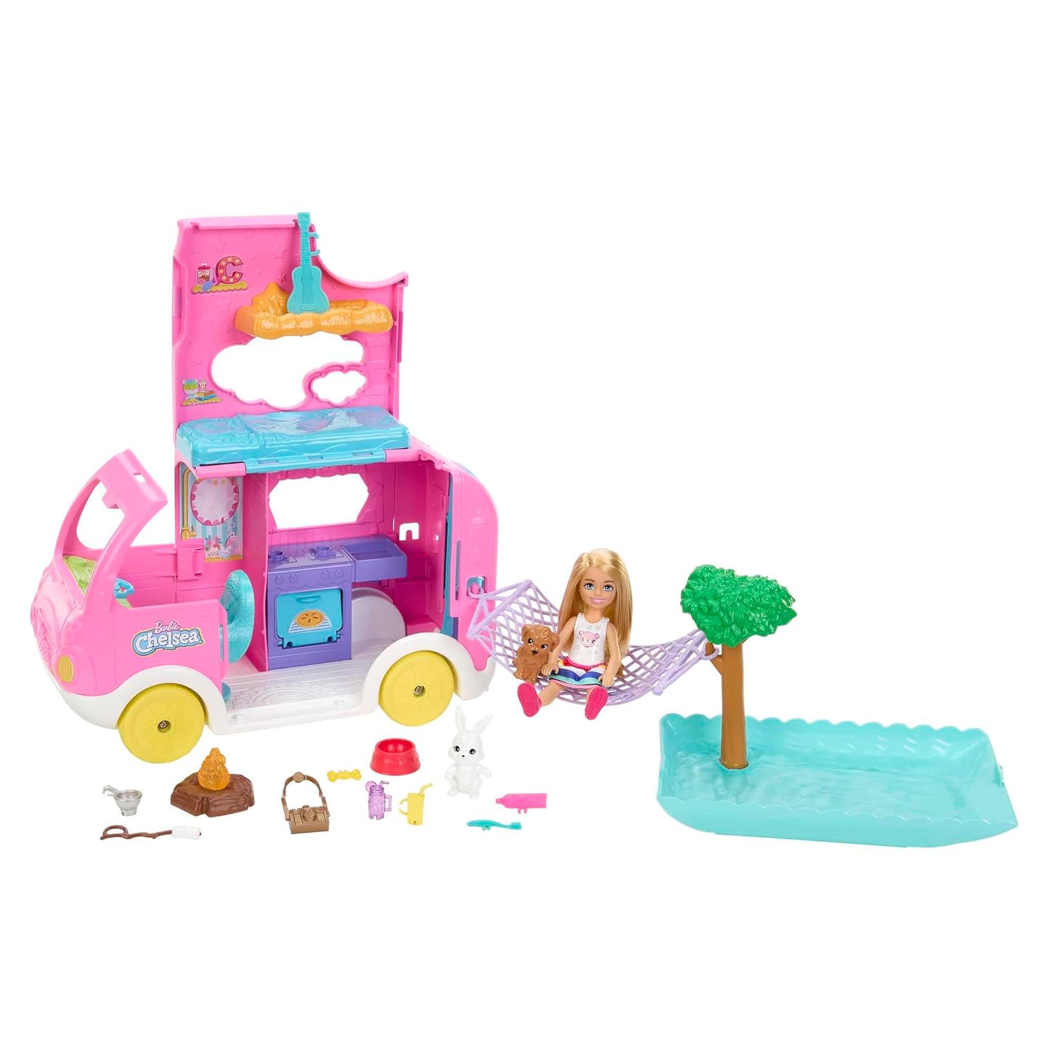 Barbie Chelsea Camper 2-in-1 Playset with Small Doll, 2 Pets & 15 Accessories, Vehicle Transforms into Camp Site for Kids Ages 3+