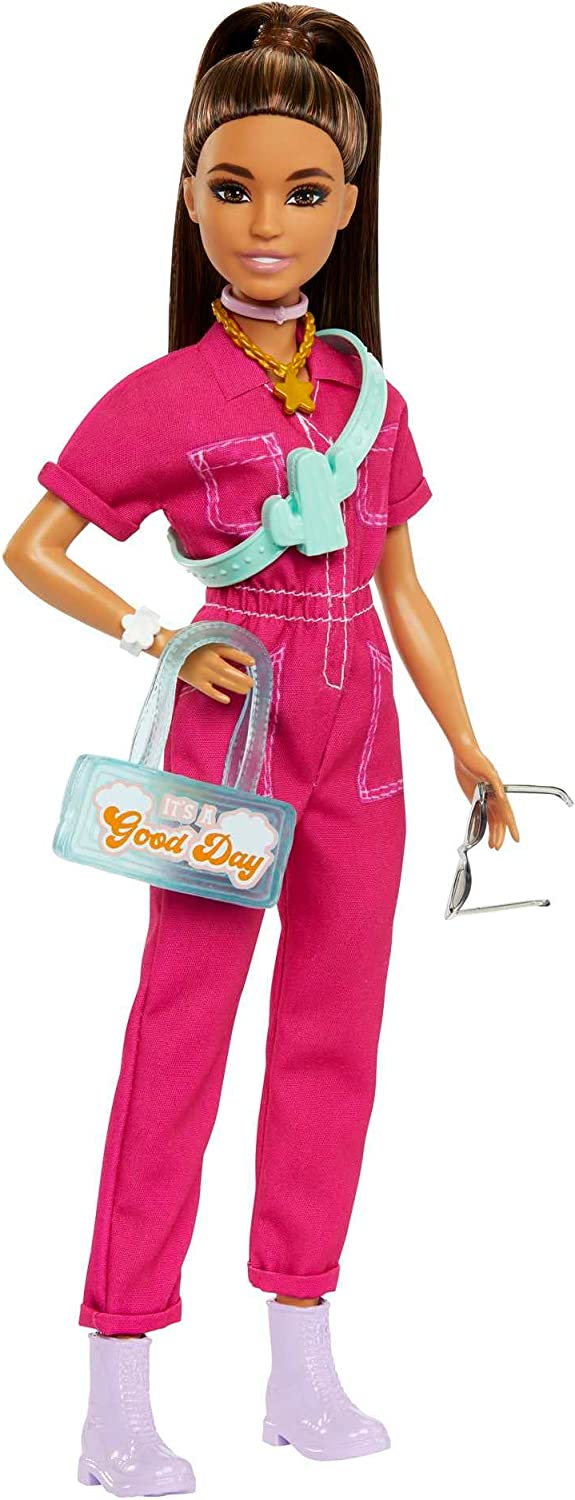 Barbie Brown Hair Doll in Trendy Pink Jumpsuit with Storytelling Accessories and Pet Puppy for Ages 3+