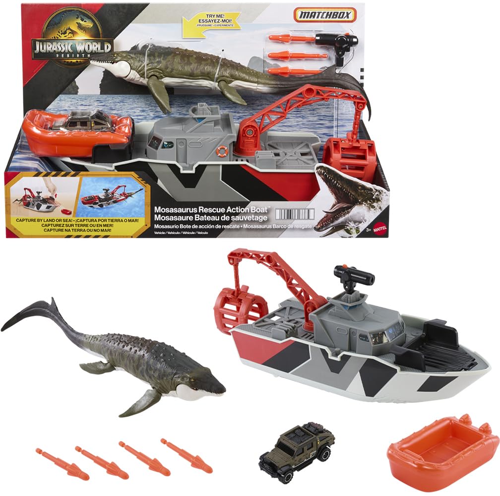 Matchbox Jurassic World Playset with 12.5" Boat with 13" Mosasaurus 1:64 Scale Die-Cast Jeeps, Harpoon Missiles and Removable Rescue Boat for Kids Ages 3+