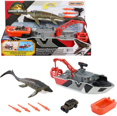 Matchbox Jurassic World Playset with 12.5" Boat with 13" Mosasaurus 1:64 Scale Die-Cast Jeeps, Harpoon Missiles and Removable Rescue Boat for Kids Ages 3+