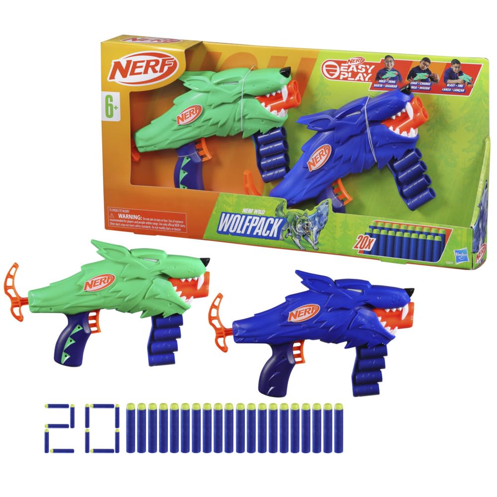 Nerf Wild Wolfpack - 2 Easy Play Blasters With Wolf Designs, 20 Elite Darts, Wolf Toys For 6 Year Old Boys & Girls, Outdoor Toys