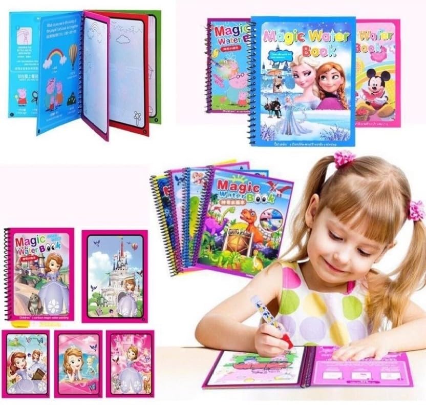 REZNOR Quick Dry Re-Usable Magic Coloring Water Book with Magic Pen (Random Design), Pack of 4