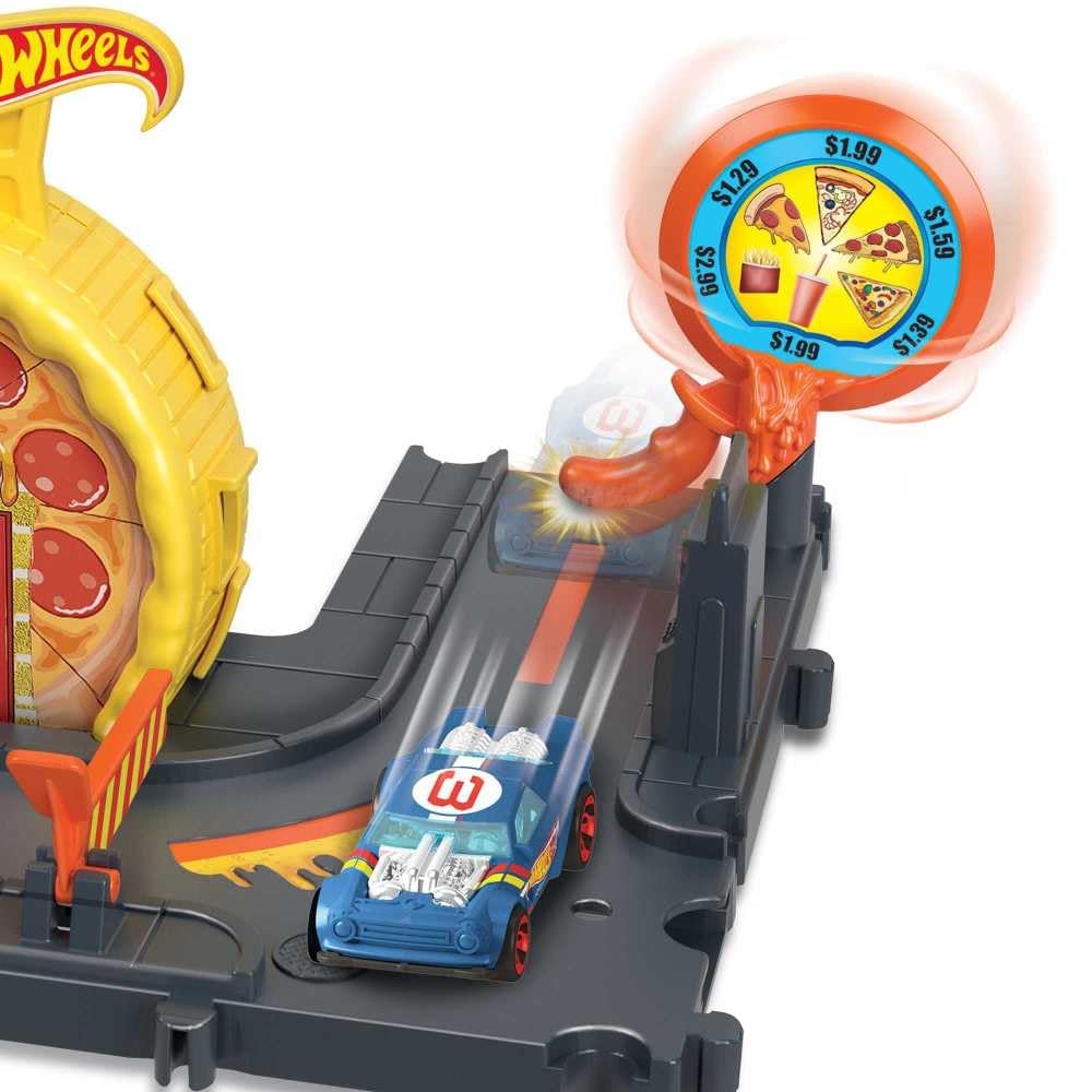 Hot Wheels City Track Set with 1 Toy Car, Pizza-Themed Playset with Car-Activated Features