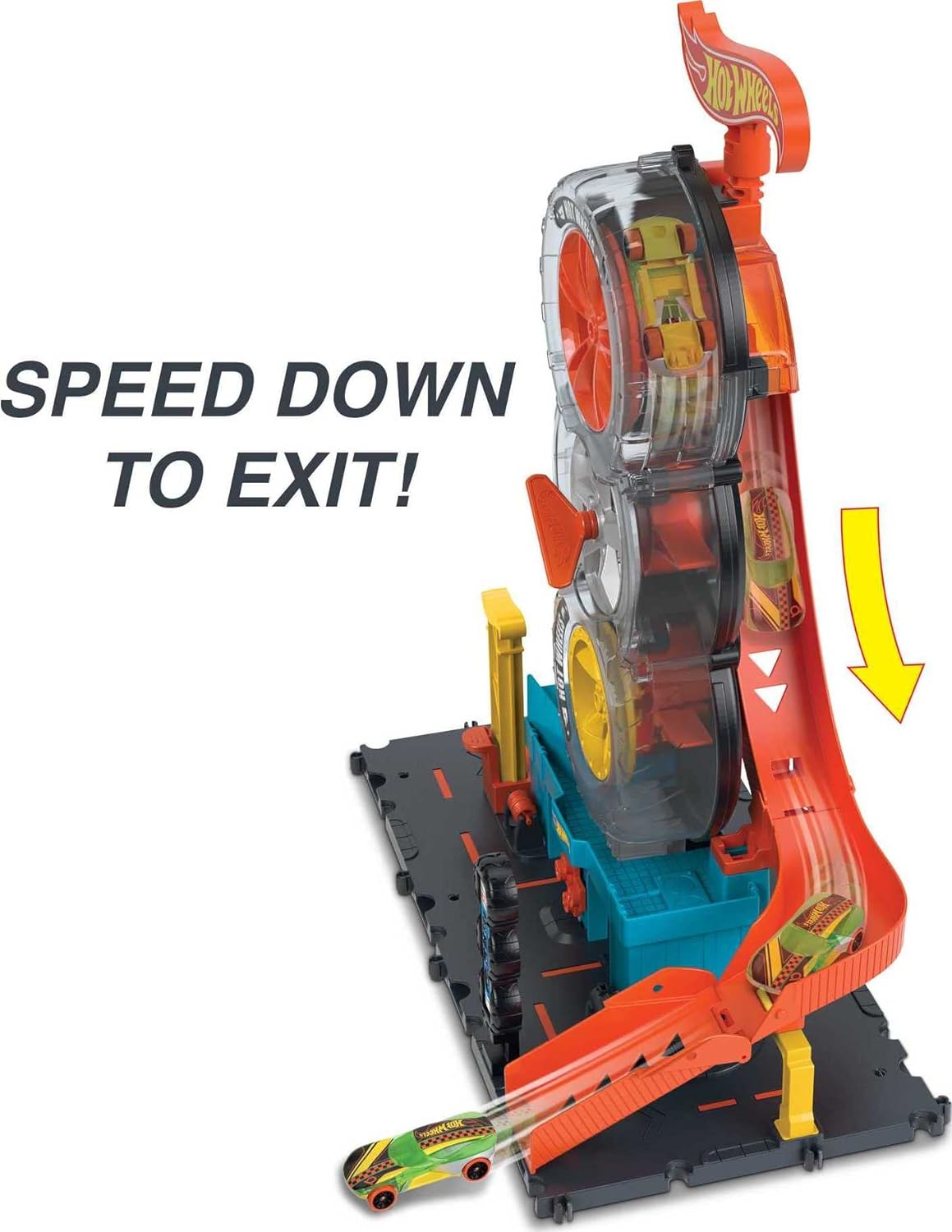 Hot Wheels City Super Twist Tire Shop Playset, Spin The Key to Make Cars Travel Through The Tires, Includes 1 Hot Wheels Car, Gift for Kids 4 to 8 Years Old