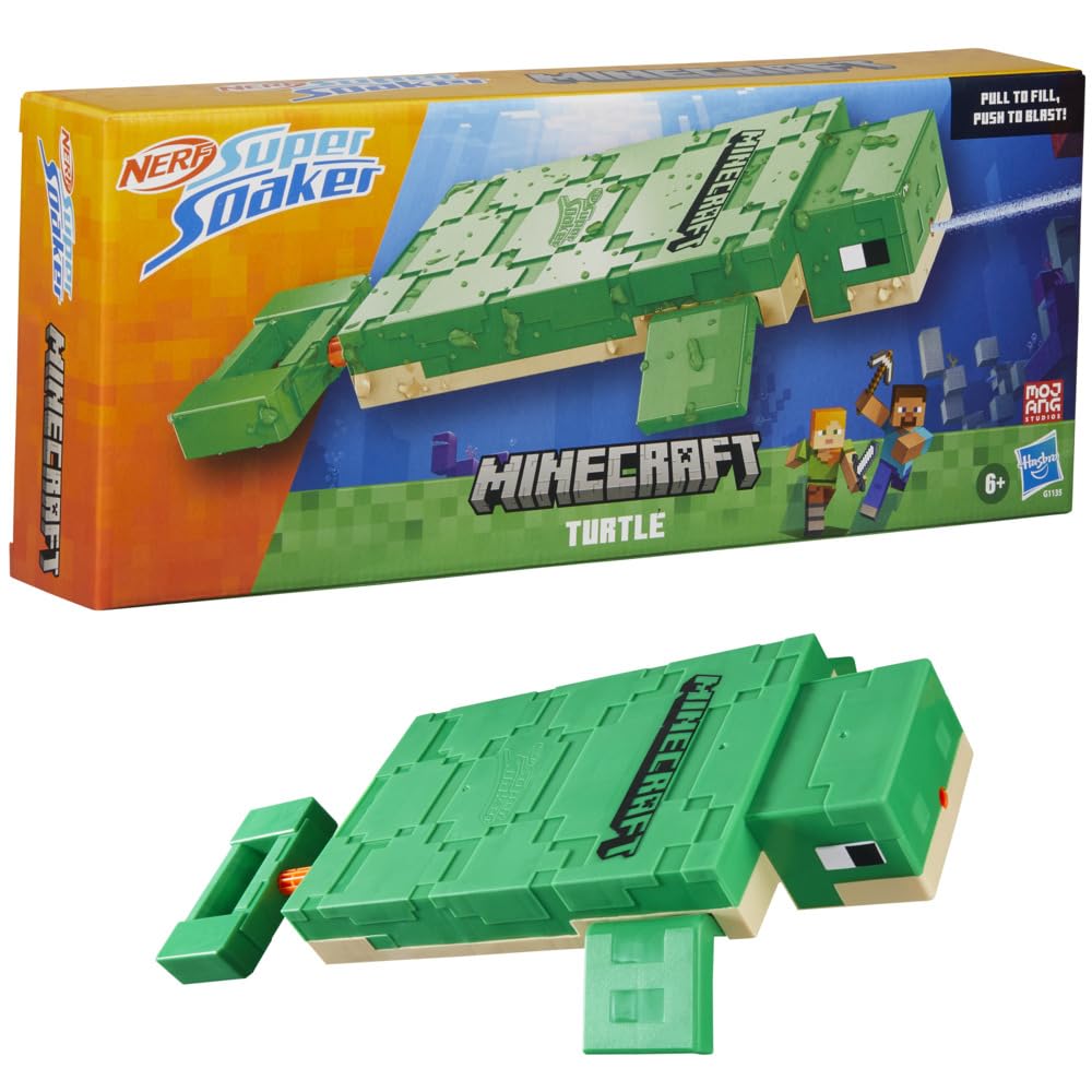 Nerf Super Soaker Minecraft Turtle Water Blaster, Pull Back Plunger Handle, Easy to Use, Outdoor Water Toys, Minecraft Toys, Gifts for Kids - Pichkari, Branded Toy Pichkari for Holi Festival, Kids 6+