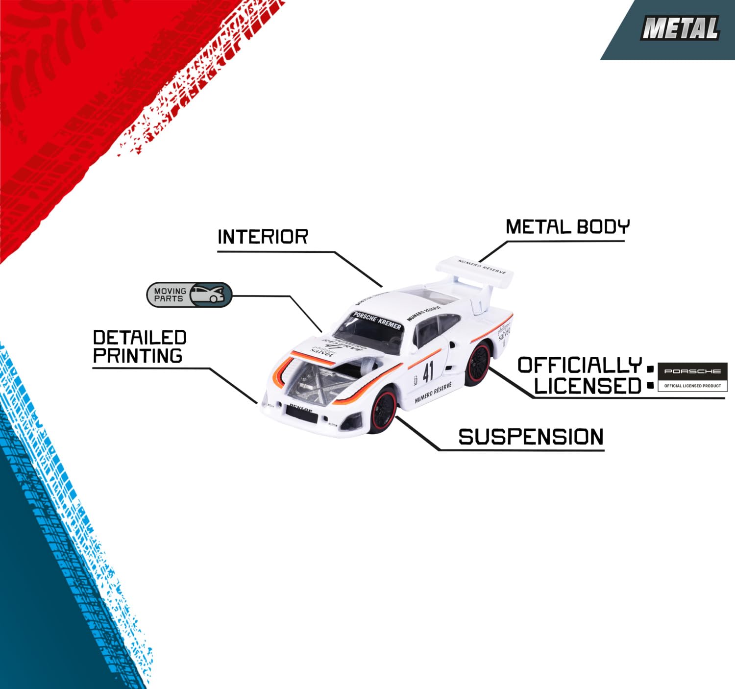 Majorette Porsche 5 Pack Set - Metal Toy Car with Freewheel, Suspension & Opening Parts for Kids & Collectors