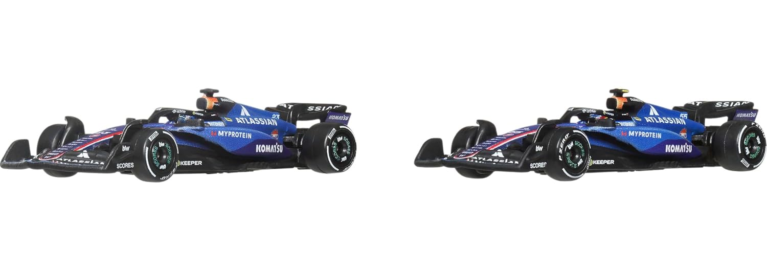 Hot Wheels Premium Formula 1 Toy Car 2-Pack, Set of 2 1:64 Scale Die-Cast Scale Atlassian Williams Racing Racecars Featuring #55 Carlos Sainz & #23 Alexander Albon