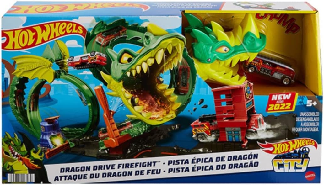 Hot Wheels Track Set with 1:64 Scale Toy Firetruck, City Fire Station with Dragon Nemesis and Track Play, Dragon Drive Firefight​​​​