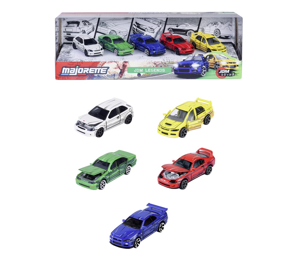 Majorette JDM Legends Anime 5 Pack Set - Metal Toy Car with Freewheel, Suspension & Opening Parts for Kids & Collectors