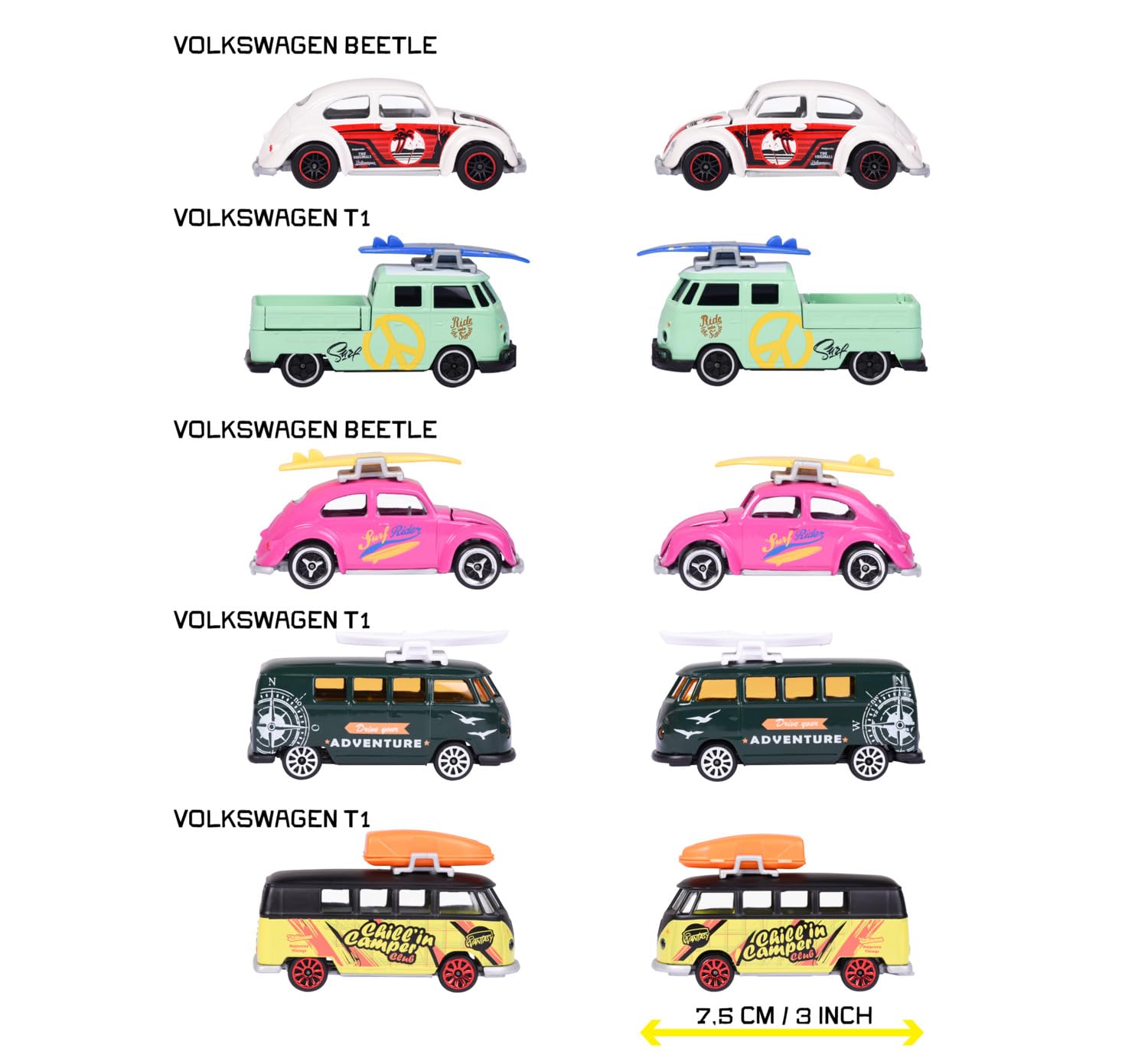 Majorette Volkswagen 5 Pack Set - Metal Toy Car with Freewheel, Suspension & Opening Parts for Kids & Collectors