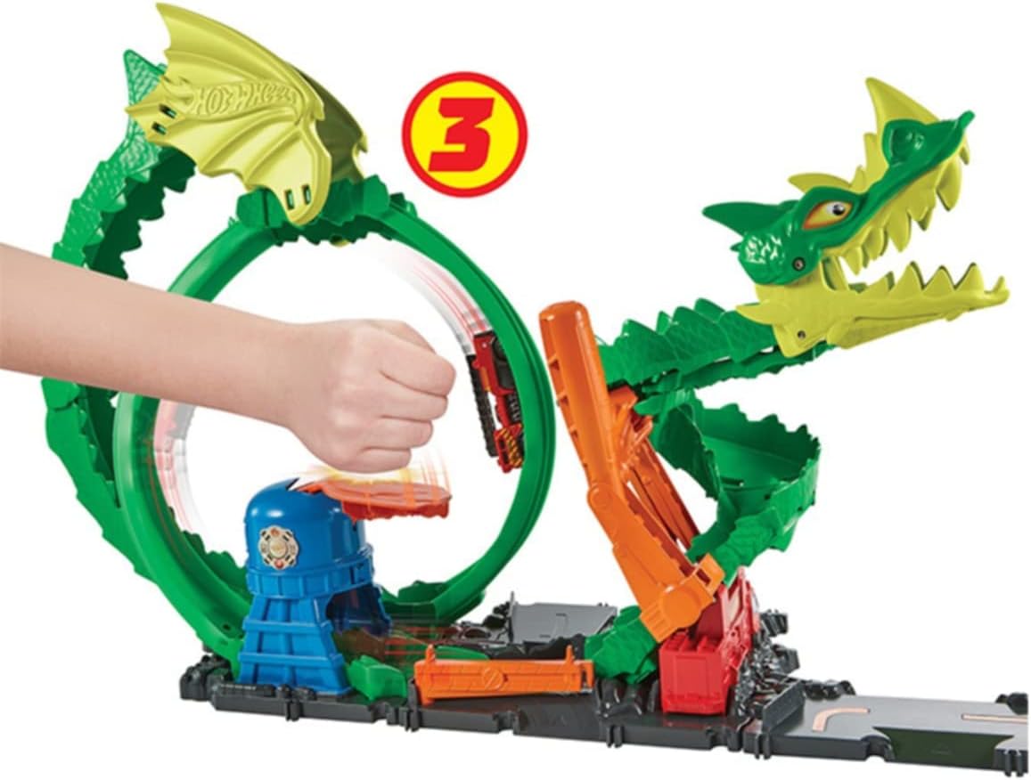 Hot Wheels Track Set with 1:64 Scale Toy Firetruck, City Fire Station with Dragon Nemesis and Track Play, Dragon Drive Firefight​​​​