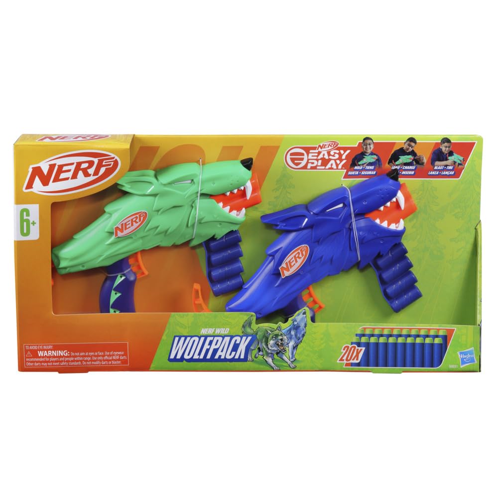 Nerf Wild Wolfpack - 2 Easy Play Blasters With Wolf Designs, 20 Elite Darts, Wolf Toys For 6 Year Old Boys & Girls, Outdoor Toys