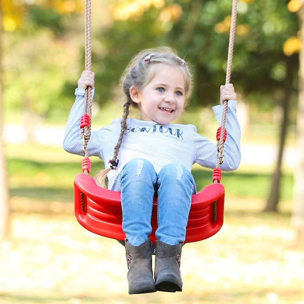 REZNOR Plastic Swing Seat with Hight Adjustable Strong Rope Tree Swing For 3-12 Years Kids Children, Red