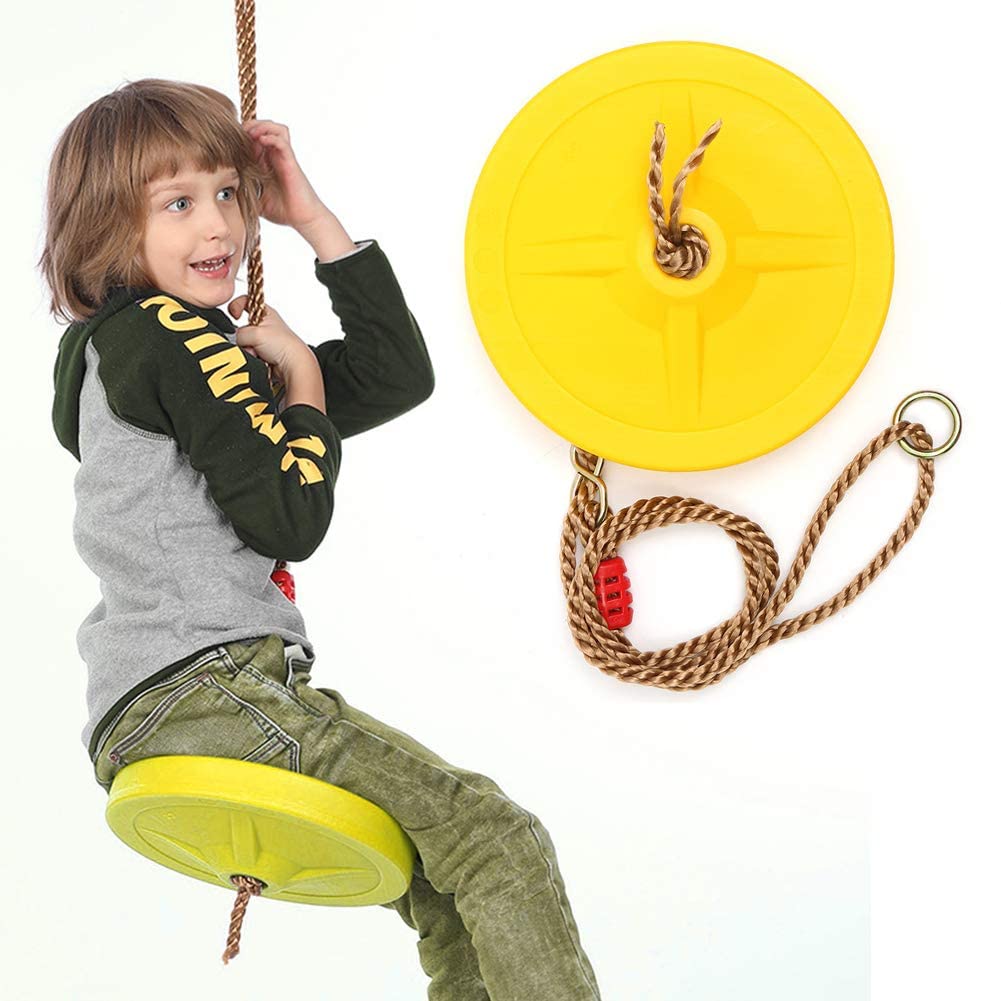 REZNOR Plastic Round Disc Hanging Tree Rope Swing for Kids Children Outdoor Indoor Play Activity, Yellow