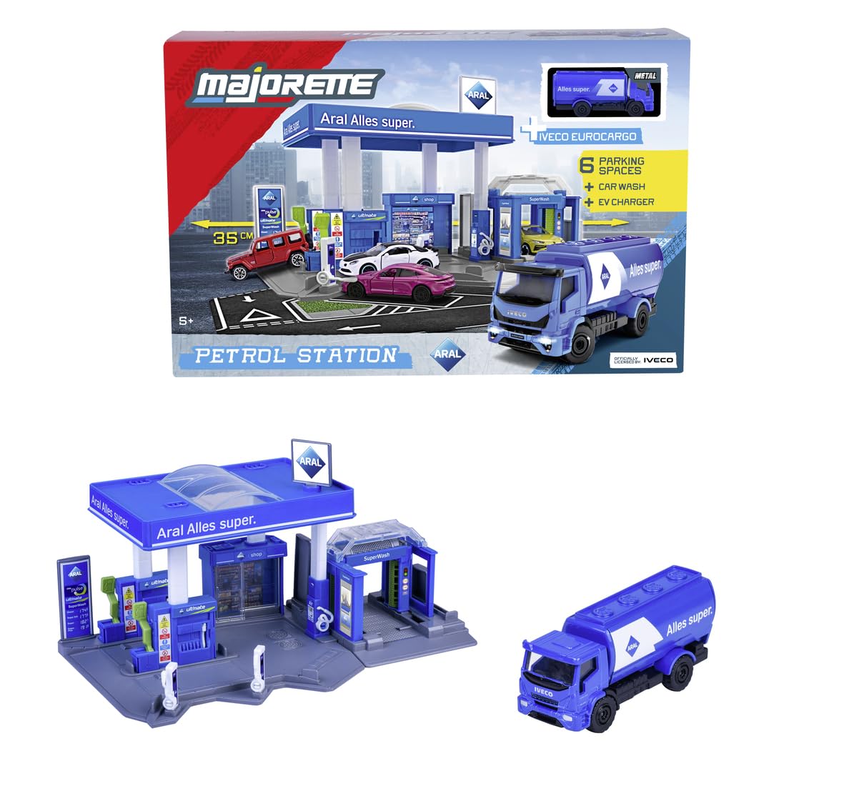 Majorette Petrol Station ARAL Imaginative Role-Play Set Includes 1 Fuel Tanker, Features Fuel Pump & EV Charger, Car wash and Shop Suitable for 1:64 Scale Vehicles for Kids Ages 5 Years & Up