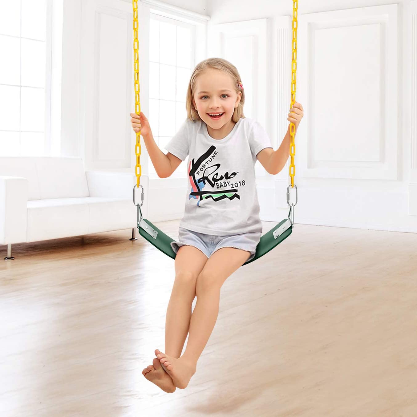 REZNOR EVA Flexible Swing Seat with 60 inch Anti-Rust Plastic Coated Chain Set for Kids, Playground, Jungle & Gym, Green/Yellow