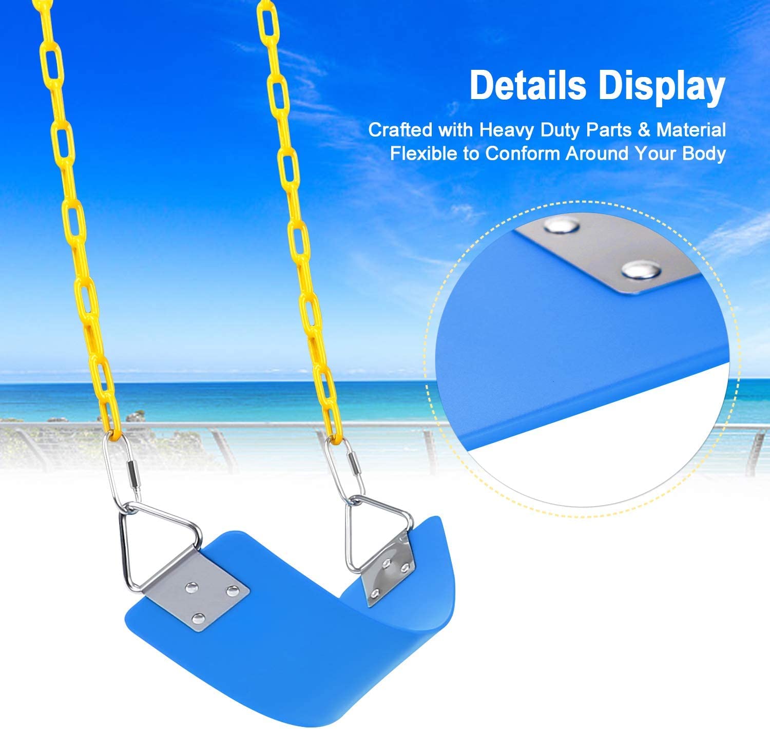 REZNOR EVA Flexible Swing Seat with 79 inch Anti-Rust Plastic Coated Chain Set for Kids, Playground, Jungle & Gym, Blue/Yellow