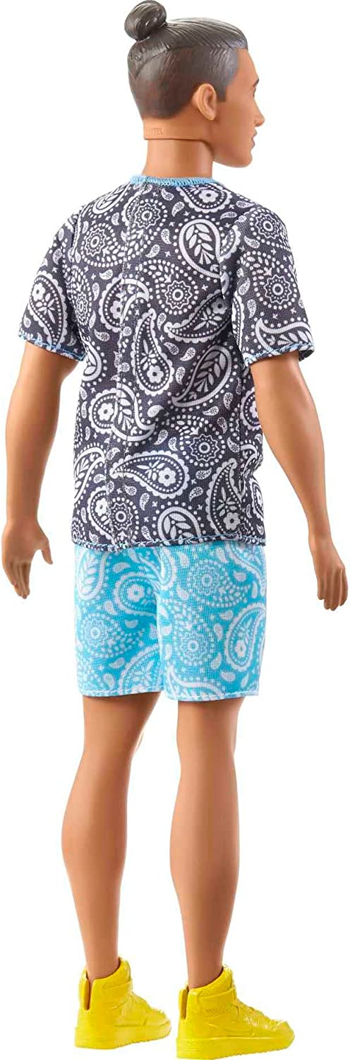 Barbie Ken Fashionistas with Brown Hair in Bun Doll Wearing Paisley Tee and Shorts #204 for Kids Ages 3+